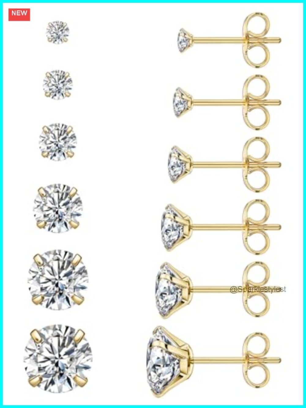 6 Pairs Stud Earrings Set Hypoallergenic Cubic Zirconia 316L Stainless Steel CZ